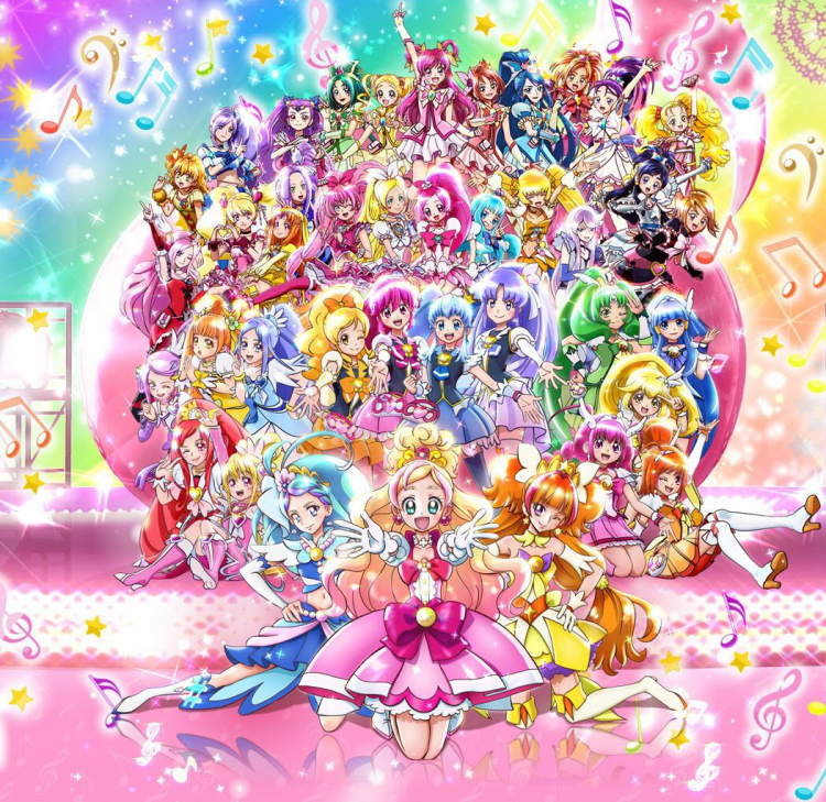 From the top left: Cure Pine, Cure Berry, Milky Rose, Cure Mint, Cure Lemonade, Cure Dream, Cure Rouge, Cure Aqua, Cure Bloom, Cure Egret, Cure White, Shiny Luminous, Cure Black, Cure Passion, Cure Peach, Cure Muse, Cure Beat, Cure Melody, Cure Rhythm, Cure Blossom, Cure Marine, Cure Sunshine, Cure Moonlight, Cure Sword, Cure Rosetta, Cure Diamond, Cure Honey, Cure Lovely, Cure Princess, Cure Fortune, Cure March, Cure Beauty, Cure Ace, Cure Heart, Cure Mermaid, Cure Flora, Cure Twinkle, Cure Happy, Cure Peace, Cure Sunny