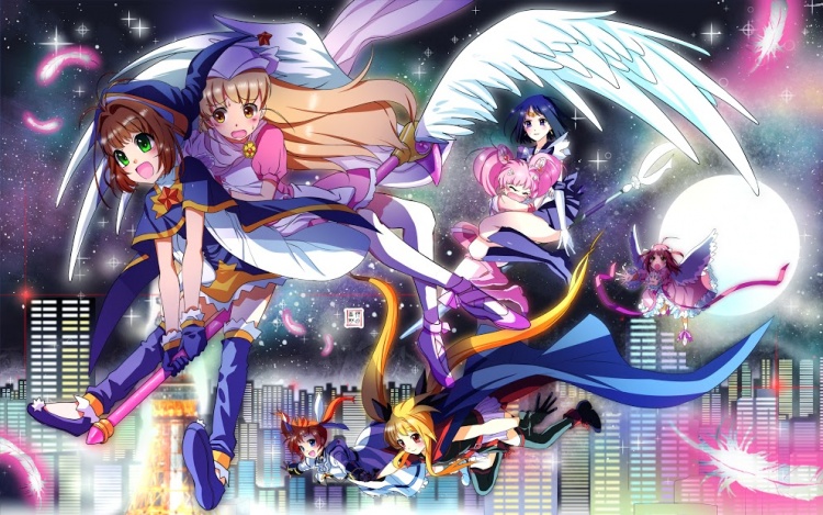 From left to right: Cardcaptor Sakura, Nurse Angel, Nanoha Takamachi, Fate Testarossa, Sailor Chibimoon, Sailor Saturn, and Amulet Angel