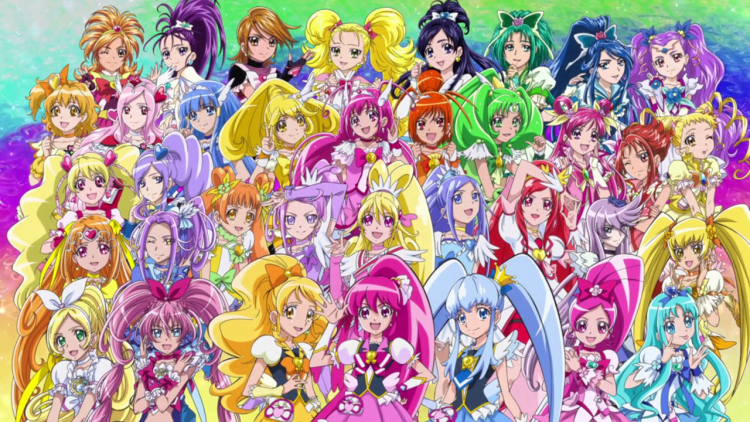 From the top left: Cure Bloom, Cure Egret, Cure Black, Shiny Luminous, Cure White, Cure Mint, Cure Aqua, Milky Rose, Cure Pine, Cure Passion, Cure Beauty, Cure Peace, Cure Happy, Cure Sunny, Cure March, Cure Dream, Cure Rouge, Cure Lemonade, Cure Peach, Cure Berry, Cure Rosetta, Cure Sword, Cure Heart, Cure Diamond, Cure Ace, Cure Moonlight, Cure Sunshine, Cure Muse, Cure Beat, Cure Rhythm, Cure Melody, Cure Honey, Cure Lovely, Cure Princess, Cure Blossom, and Cure Marine